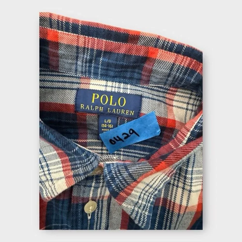 Polo Ralph Lauren Shirt Boys Size Youth Large 14-16 Red Plaid Logo Long Sleeve